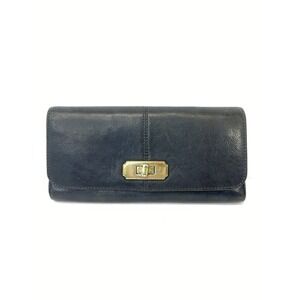 AUTH COACH LOGO LEATHER LONG WALLET PREOWNED NAVY BLUE MEDIUM